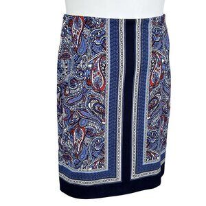 Talbots Womens 8 Paisley Color Block Blue Red Pencil Skirt Stretchy Career Artsy